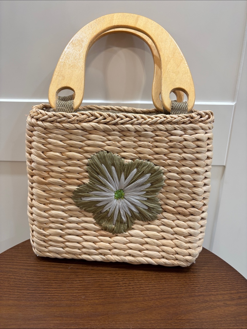 Woven Straw mini Tote with Wooden Handles - Natural/Green
